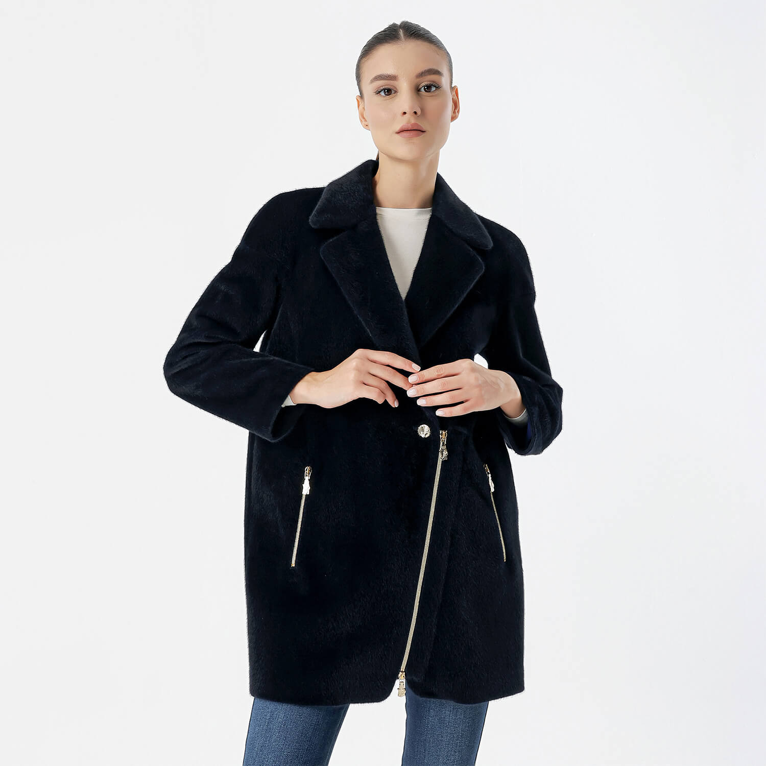 Versace - Dark Navy Fur Zipper Detail Coat